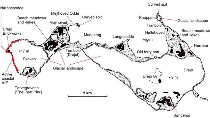 Some of the landscape elements and locations on Drejø mentioned in the text.